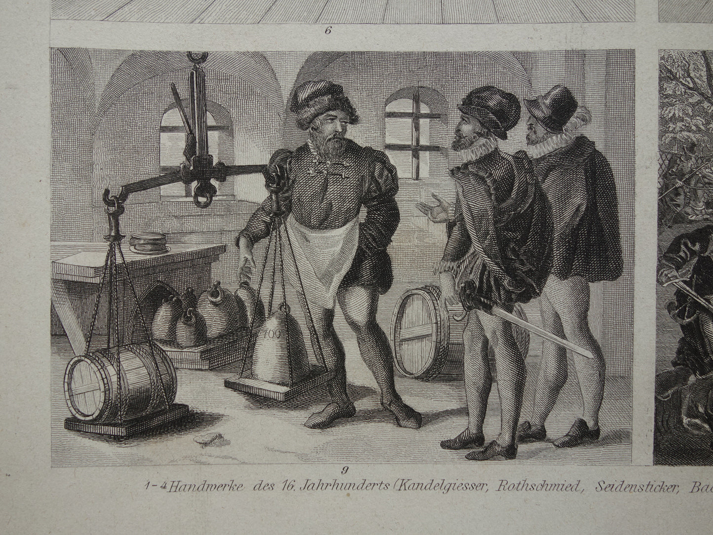 Dagelijks leven in 16e en 17e eeuw Oude prent 1870 Originele antieke illustratie Handwerkers School Kantoor Vintage Prints