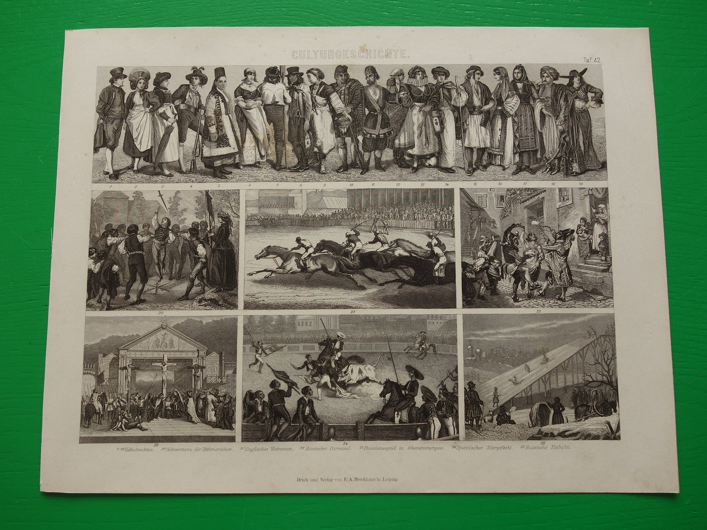 Oude geschiedenis prent klederdracht en vermaak in Europa 15e en 16e eeuw 1870 originele antieke illustratie paardenrace stierengevecht