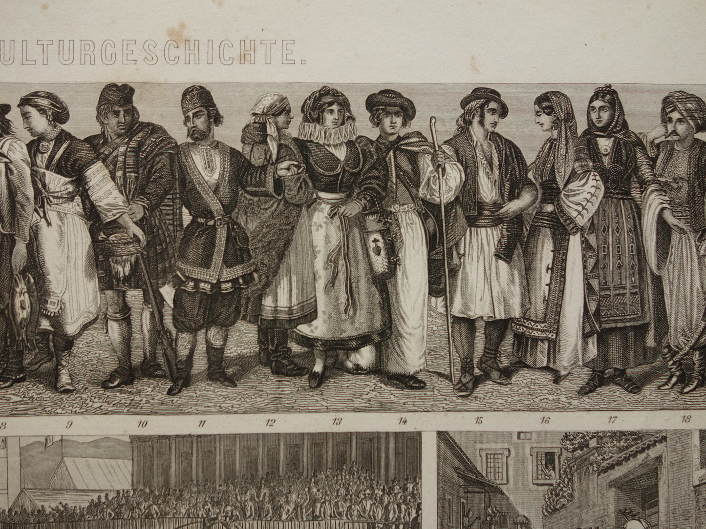 Oude geschiedenis prent klederdracht en vermaak in Europa 15e en 16e eeuw 1870 originele antieke illustratie paardenrace stierengevecht