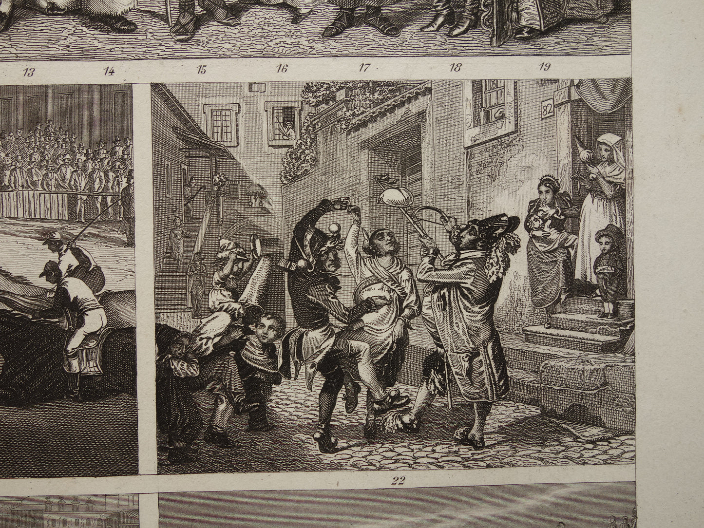 Oude geschiedenis prent klederdracht en vermaak in Europa 15e en 16e eeuw 1870 originele antieke illustratie paardenrace stierengevecht