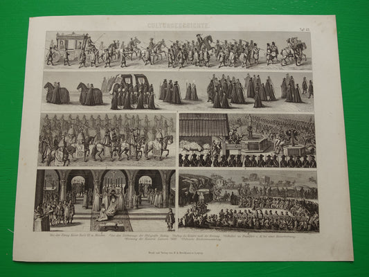 Oude geschiedenis prent Parade kroning Processie Cortege 1870 antieke illustratie keizer Charles VII keizerin Eleonora Vintage Prints