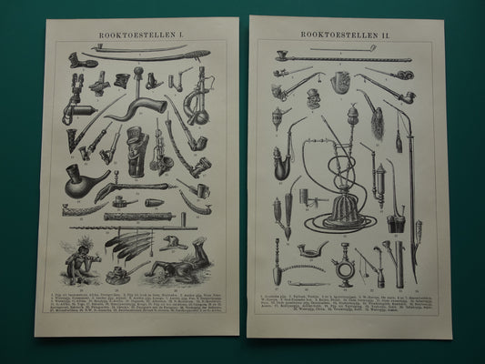 PIJP oude prent uit het jaar 1910 van verschillende pijpen originele antieke illustratie roken waterpijp vredespijp vintage prints
