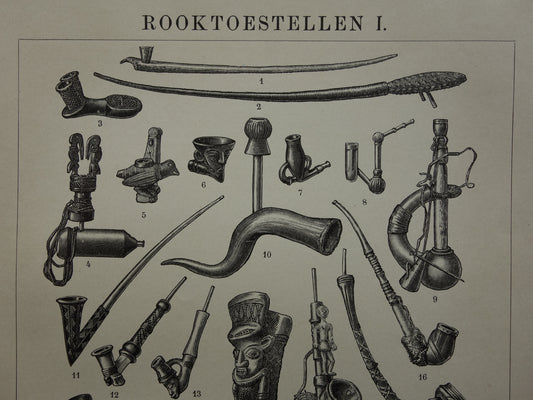PIJP oude prent uit het jaar 1910 van verschillende pijpen originele antieke illustratie roken waterpijp vredespijp vintage prints