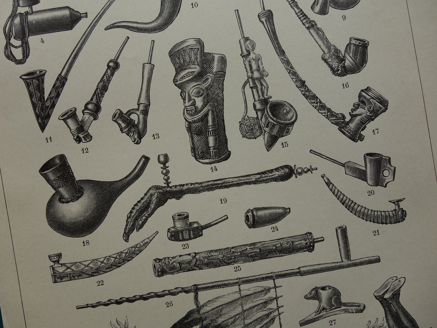 PIJP oude prent uit het jaar 1910 van verschillende pijpen originele antieke illustratie roken waterpijp vredespijp vintage prints