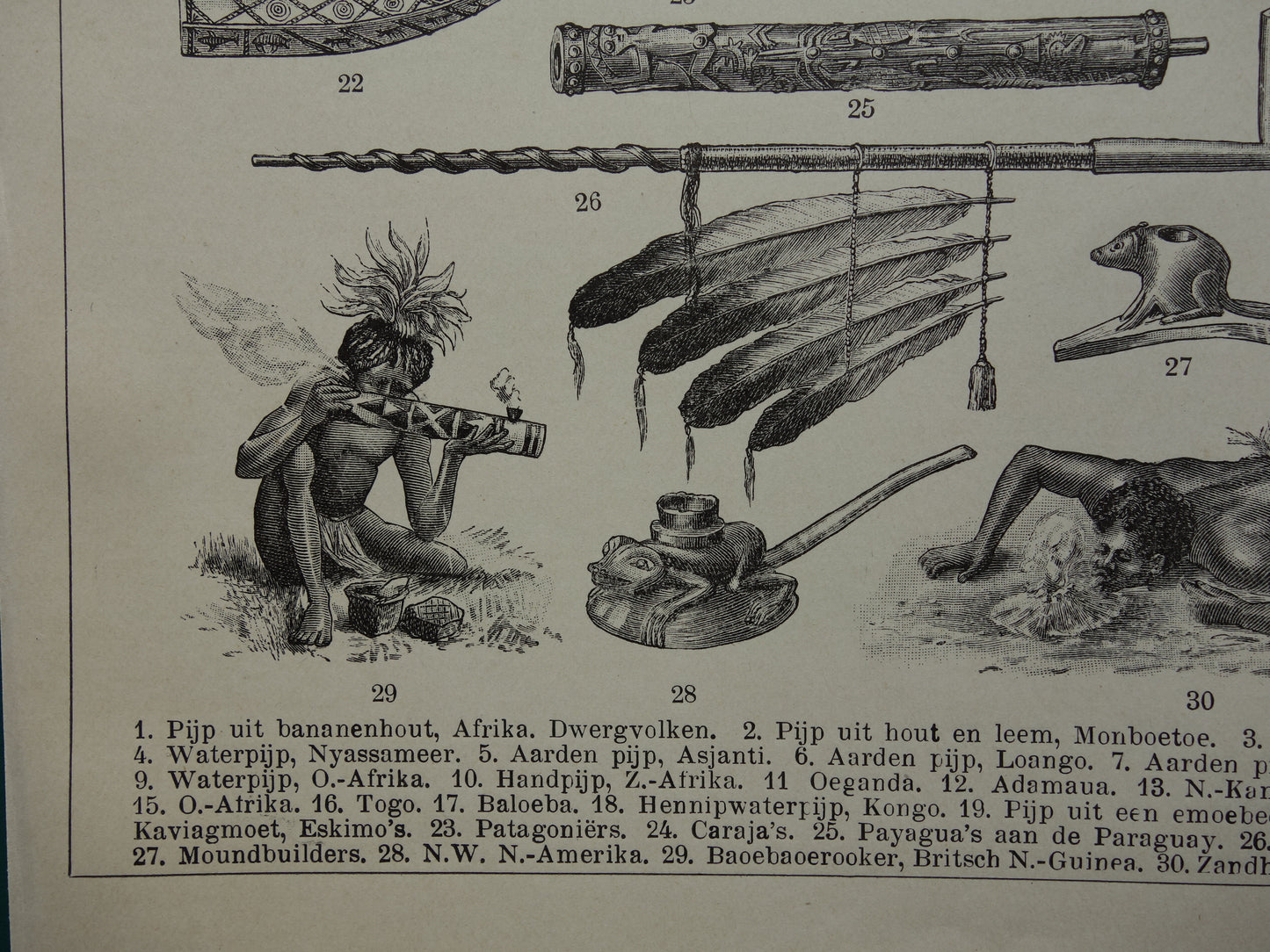 PIJP oude prent uit het jaar 1910 van verschillende pijpen originele antieke illustratie roken waterpijp vredespijp vintage prints
