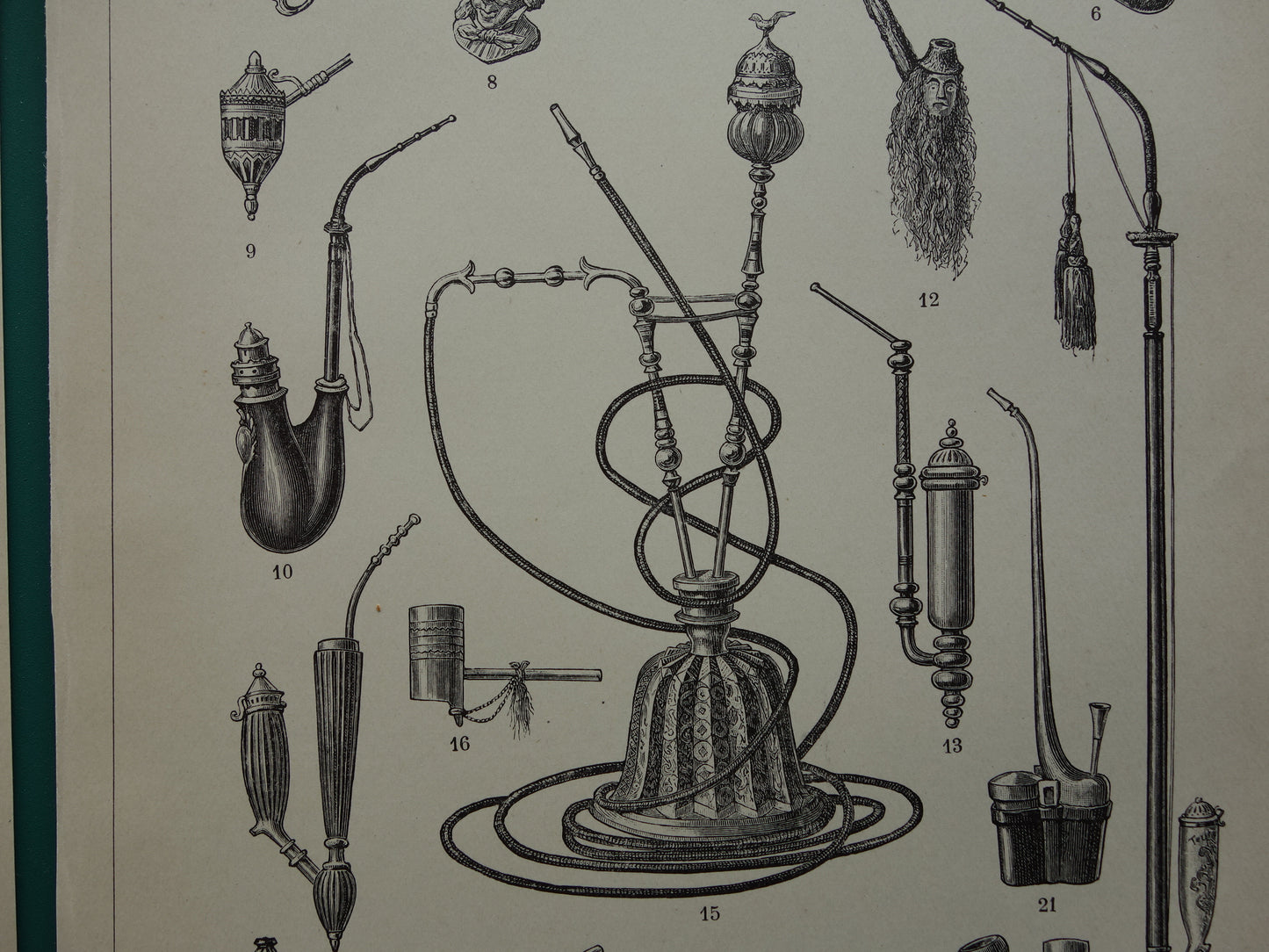 PIJP oude prent uit het jaar 1910 van verschillende pijpen originele antieke illustratie roken waterpijp vredespijp vintage prints