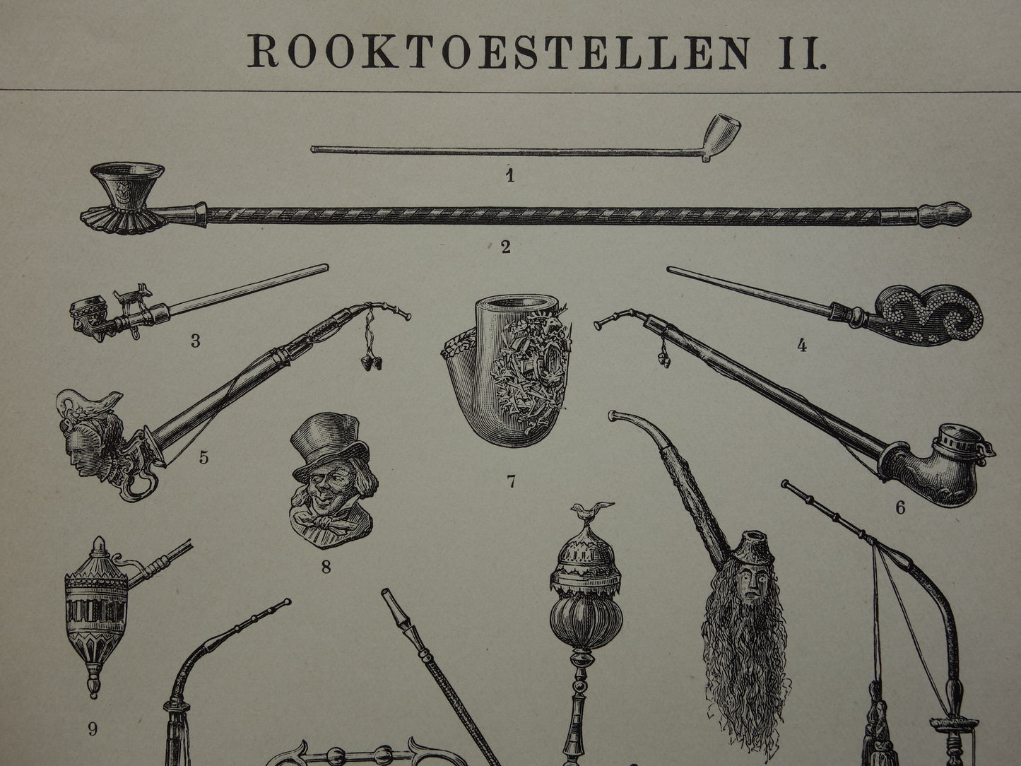 PIJP oude prent uit het jaar 1910 van verschillende pijpen originele antieke illustratie roken waterpijp vredespijp vintage prints