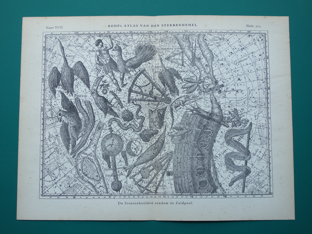 Oude astronomie prent van sterrenbeeld Pavo Indus Toekan Antieke sterrenkaart Argo Navis sterrenbeelden vintage print