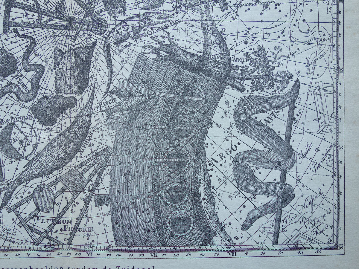 Oude astronomie prent van sterrenbeeld Pavo Indus Toekan Antieke sterrenkaart Argo Navis sterrenbeelden vintage print