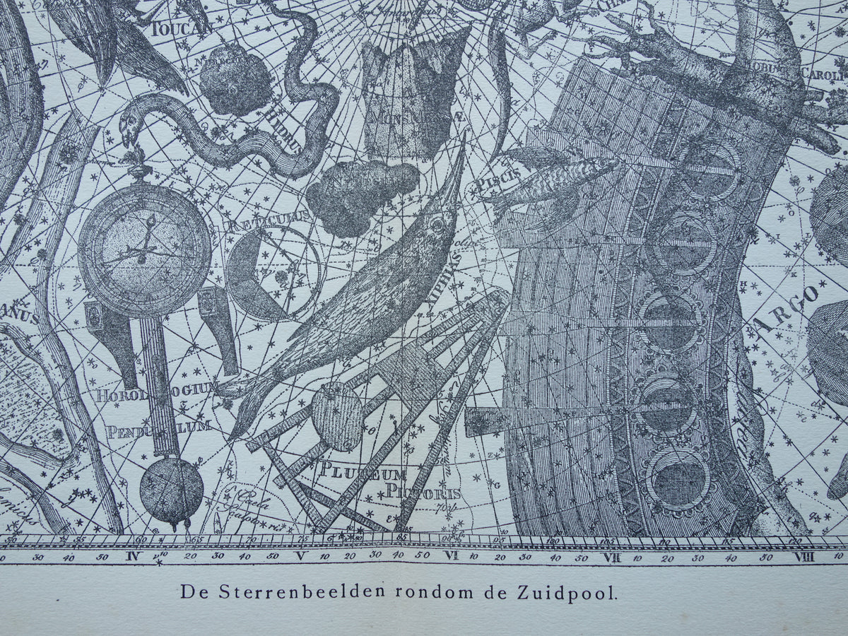 Oude astronomie prent van sterrenbeeld Pavo Indus Toekan Antieke sterrenkaart Argo Navis sterrenbeelden vintage print