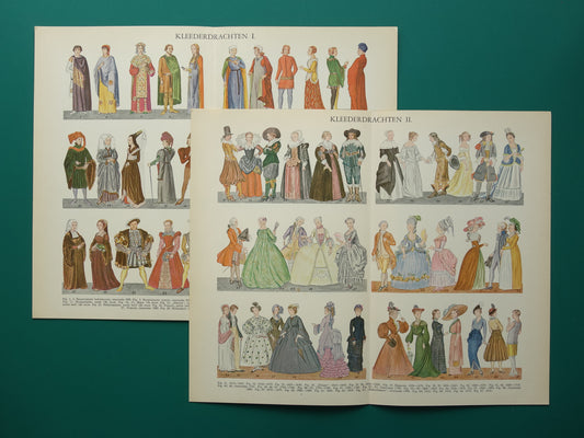 Oude prenten over geschiedenis van kleding / mode originele Nederlandse vintage illustratie kleren door de eeuwen heen