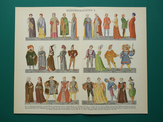 Oude prenten over geschiedenis van kleding / mode originele Nederlandse vintage illustratie kleren door de eeuwen heen
