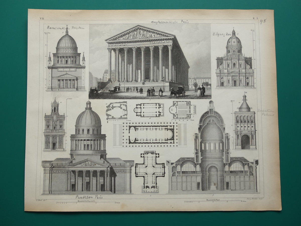 KERKEN Oude architectuur prent La Madeleine Pantheon 1849 originele antieke illustratie gravure
