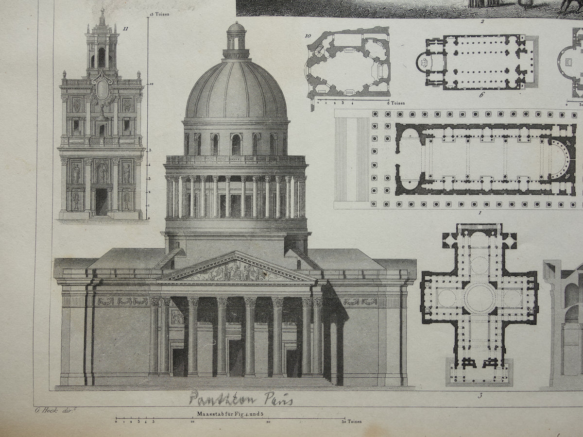 KERKEN Oude architectuur prent La Madeleine Pantheon 1849 originele antieke illustratie gravure