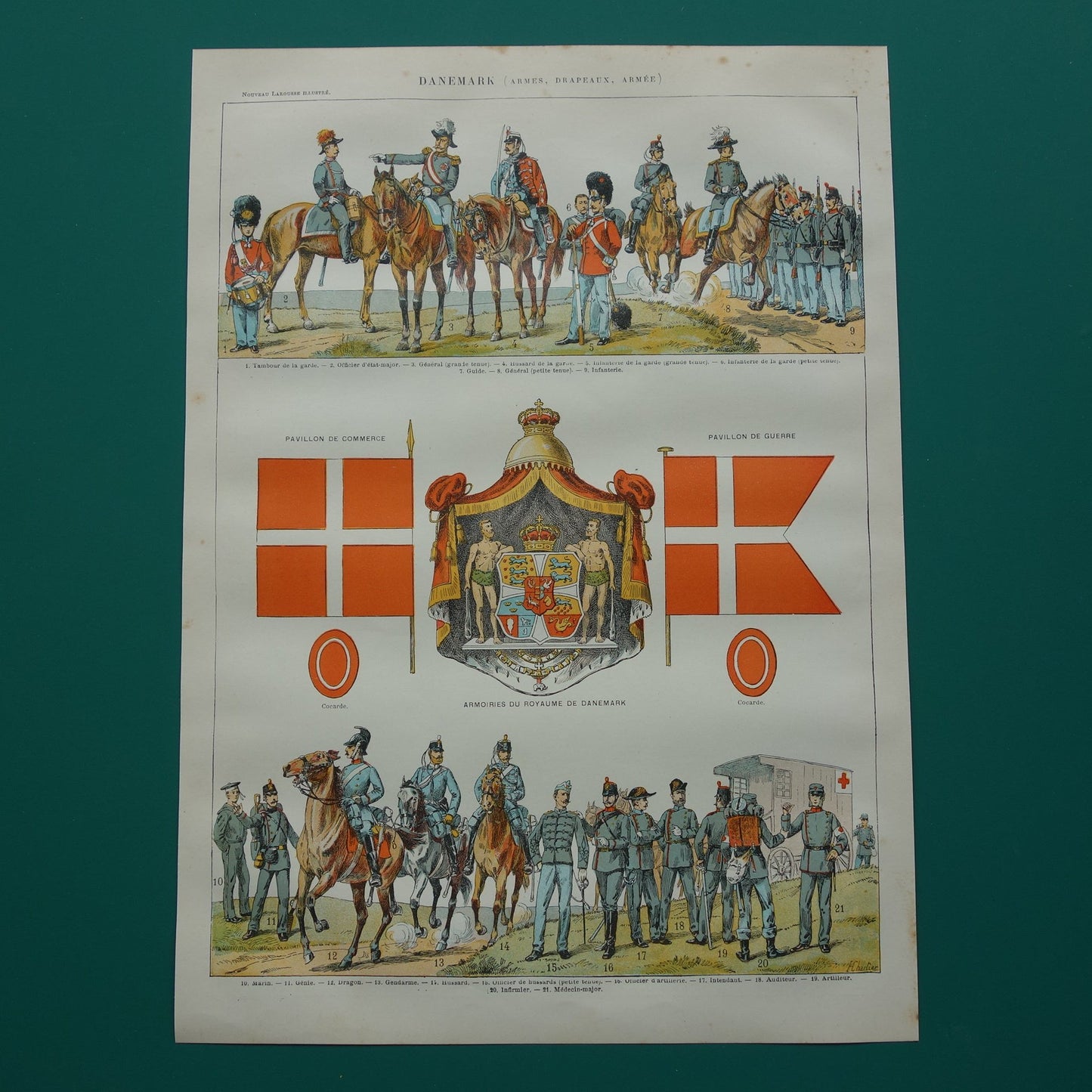 Old print of Danish Army Uniforms and Flags original antique illustration Denmark Army Flag Uniform pre WWI vintage image prints