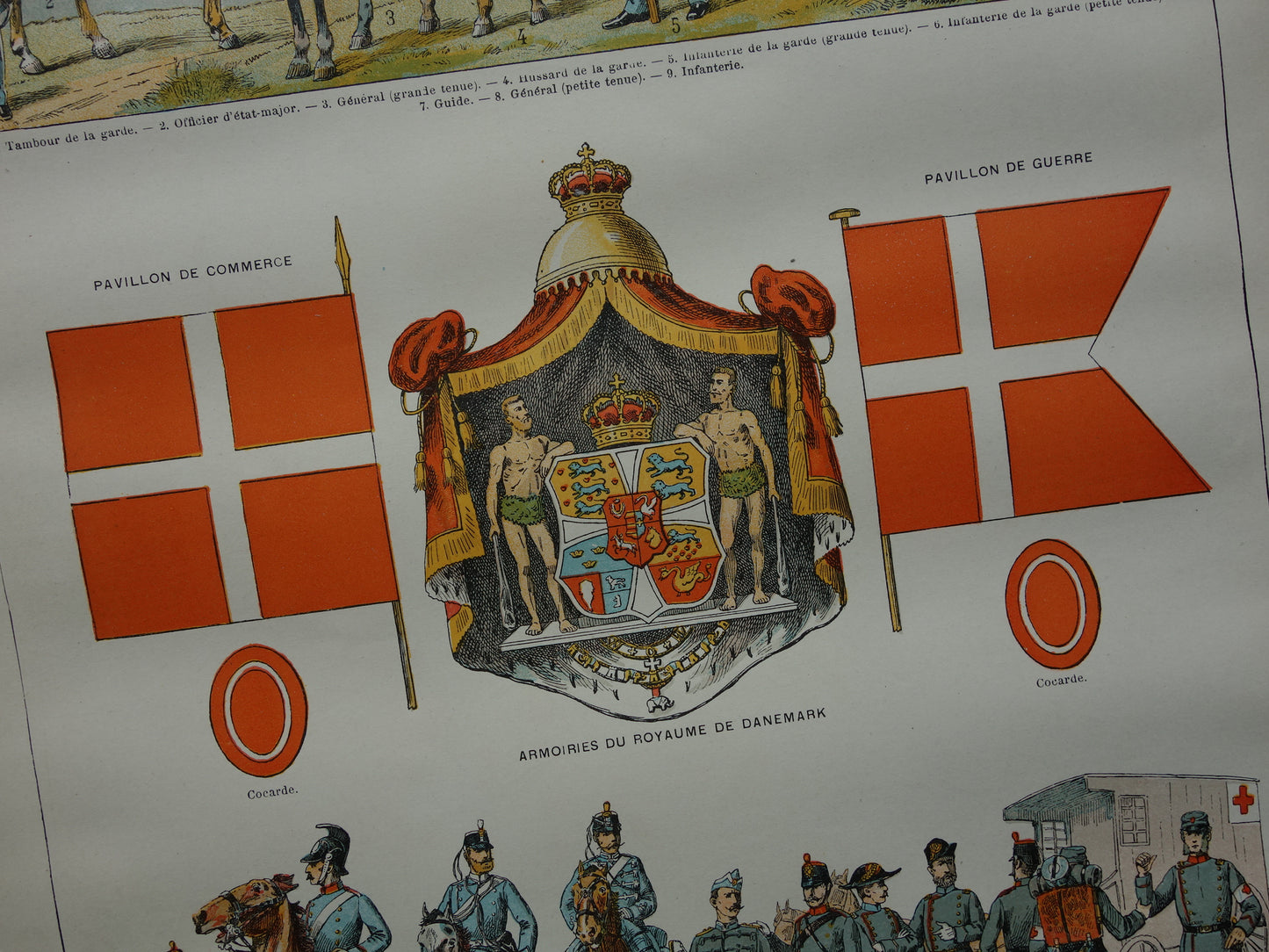 Old print of Danish Army Uniforms and Flags original antique illustration Denmark Army Flag Uniform pre WWI vintage image prints