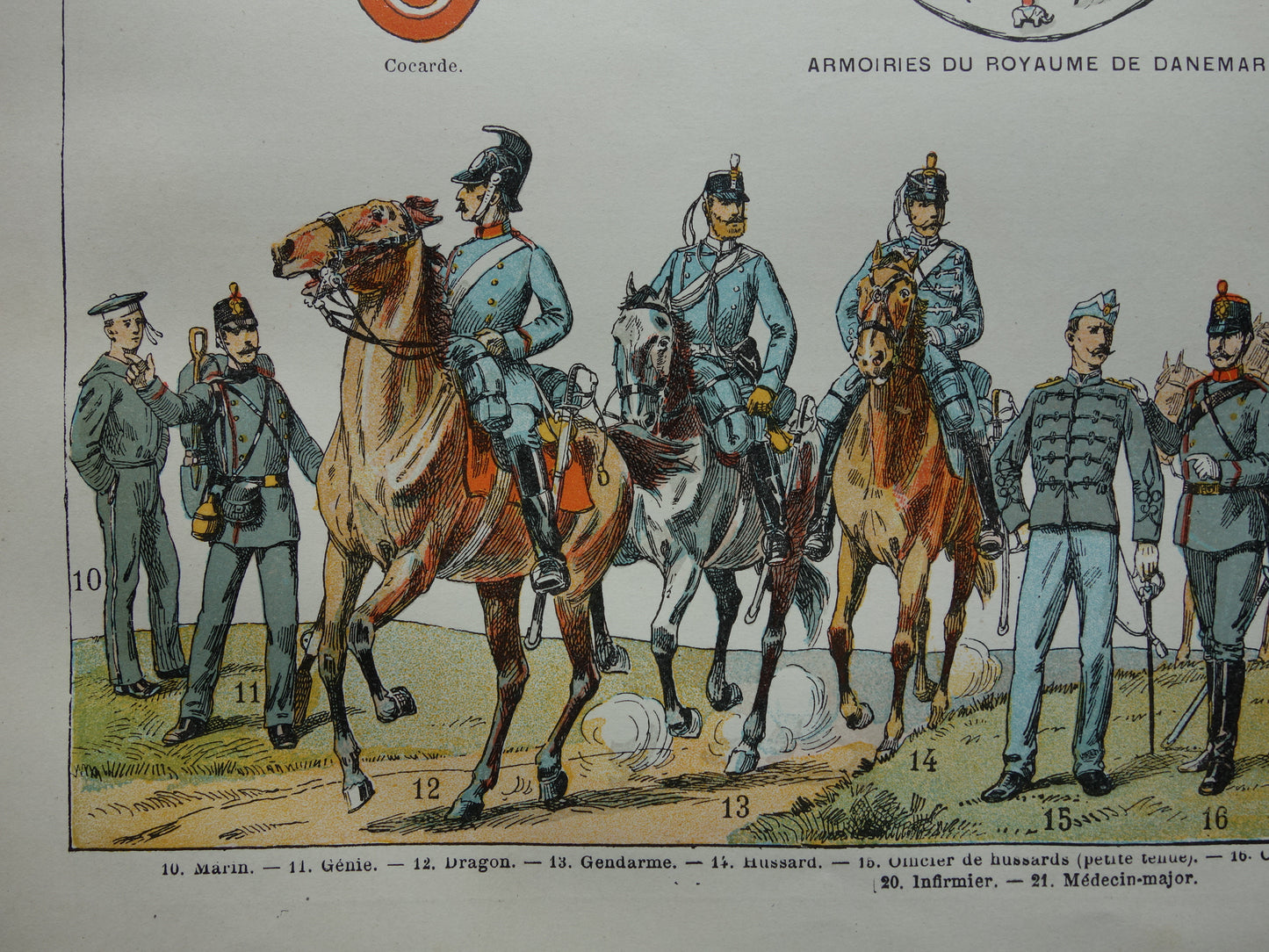 Old print of Danish Army Uniforms and Flags original antique illustration Denmark Army Flag Uniform pre WWI vintage image prints