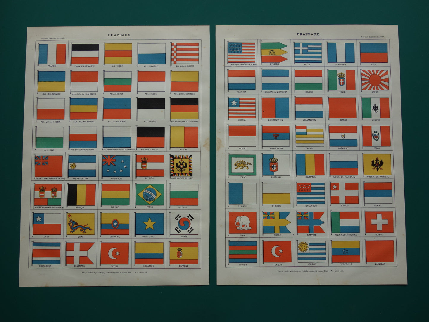 VLAGGEN Oude prent van nationale vlaggen uit de hele wereld Set van 2 antieke vlag prenten Vintage illustratie print
