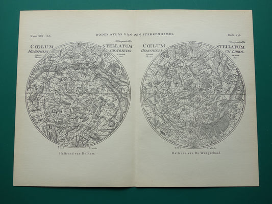 Antieke astronomie prent van de noordelijke en zuidelijke sterrenhemel 1923 originele vintage print sterrenbeelden oude astrologie print