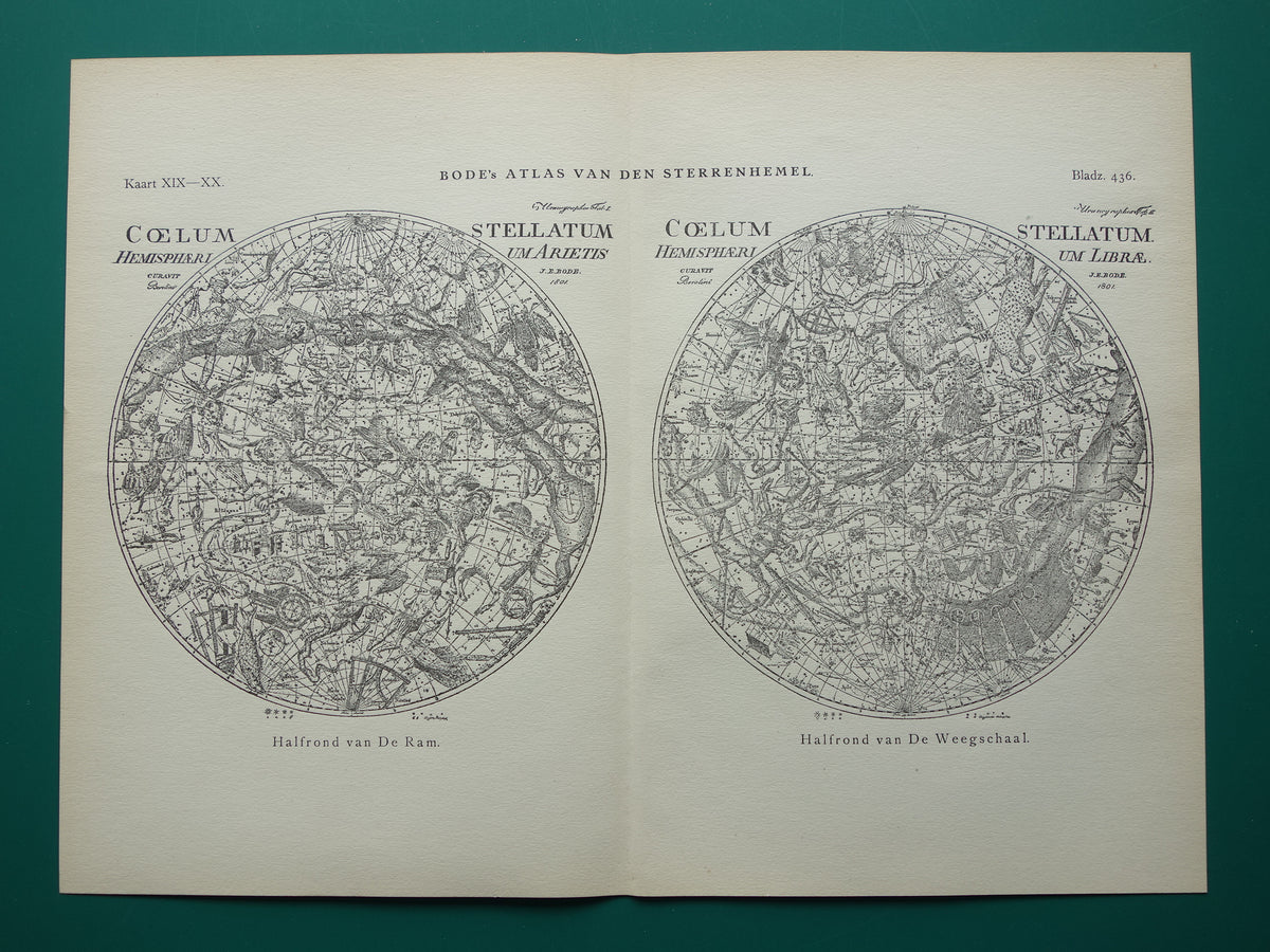 Antieke astronomie prent van de noordelijke en zuidelijke sterrenhemel 1923 originele vintage print sterrenbeelden oude astrologie print