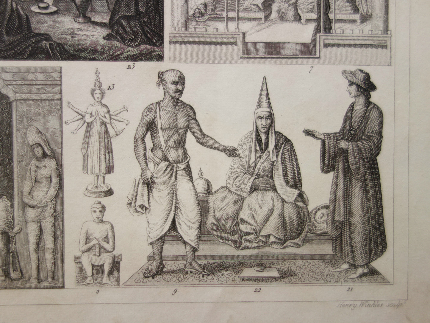 Antieke prent Oosterse religies 1849 originele vintage illustratie goden Boeddhisme oude print Hindoeïsme