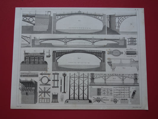 BRUGGEN Antieke illustratie 1849 Bruggenbouw Brug Architectuur prent oude vintage prints