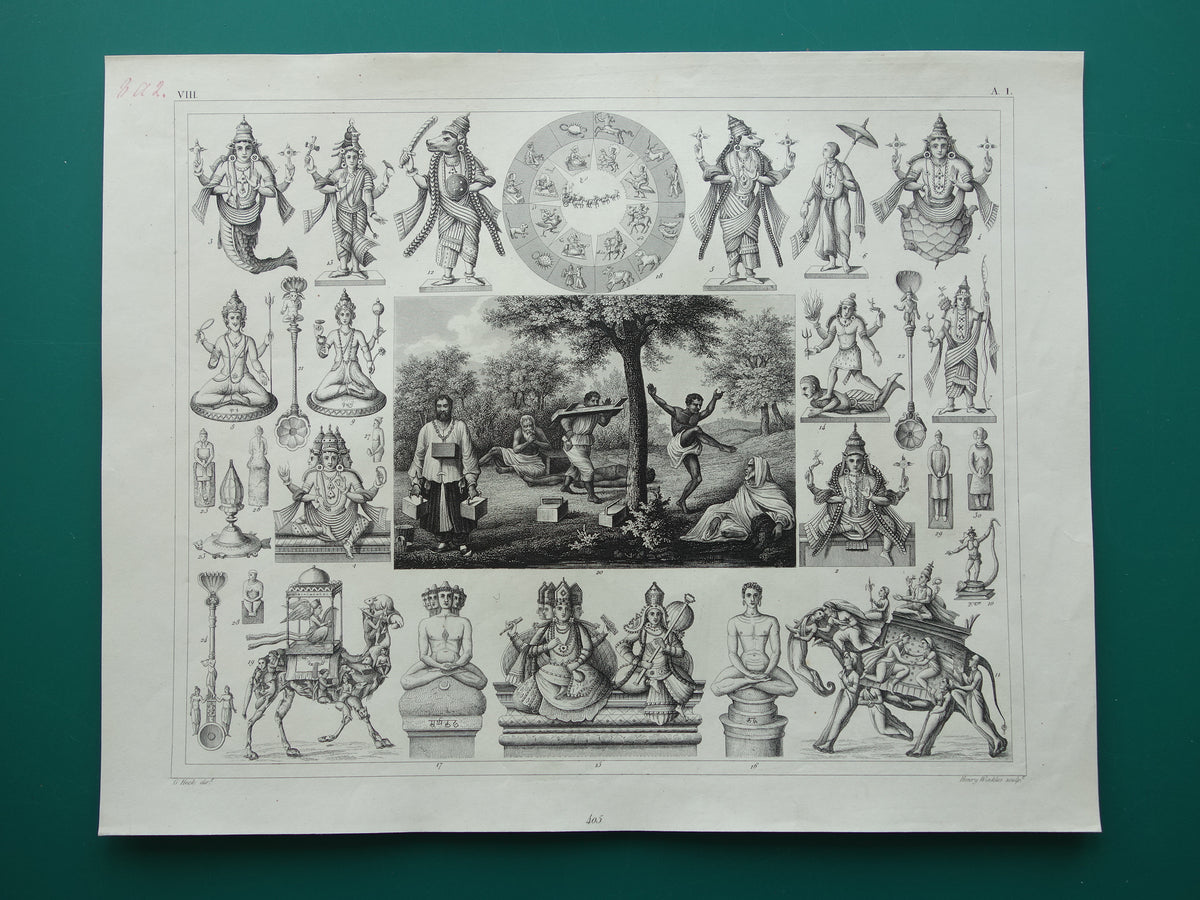 Hinduism antique print Original 175+ year old print illustration Vishnu Hindu Gods Deities Monks Rituals vintage religion prints