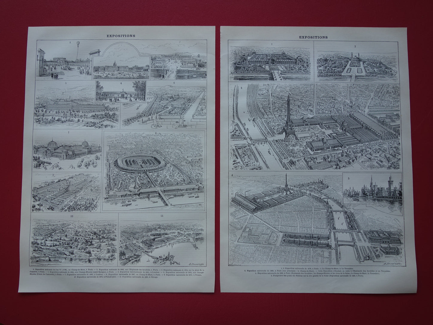 WERELDTENTOONSTELLING Oude prenten over Wereldtentoonstellingen originele antieke illustratie Parijs Londen Chicago Philadelphia vintage afbeelding set van twee prints