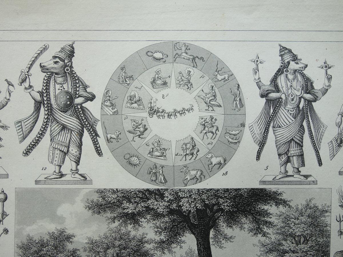 Hinduism antique print Original 175+ year old print illustration Vishnu Hindu Gods Deities Monks Rituals vintage religion prints