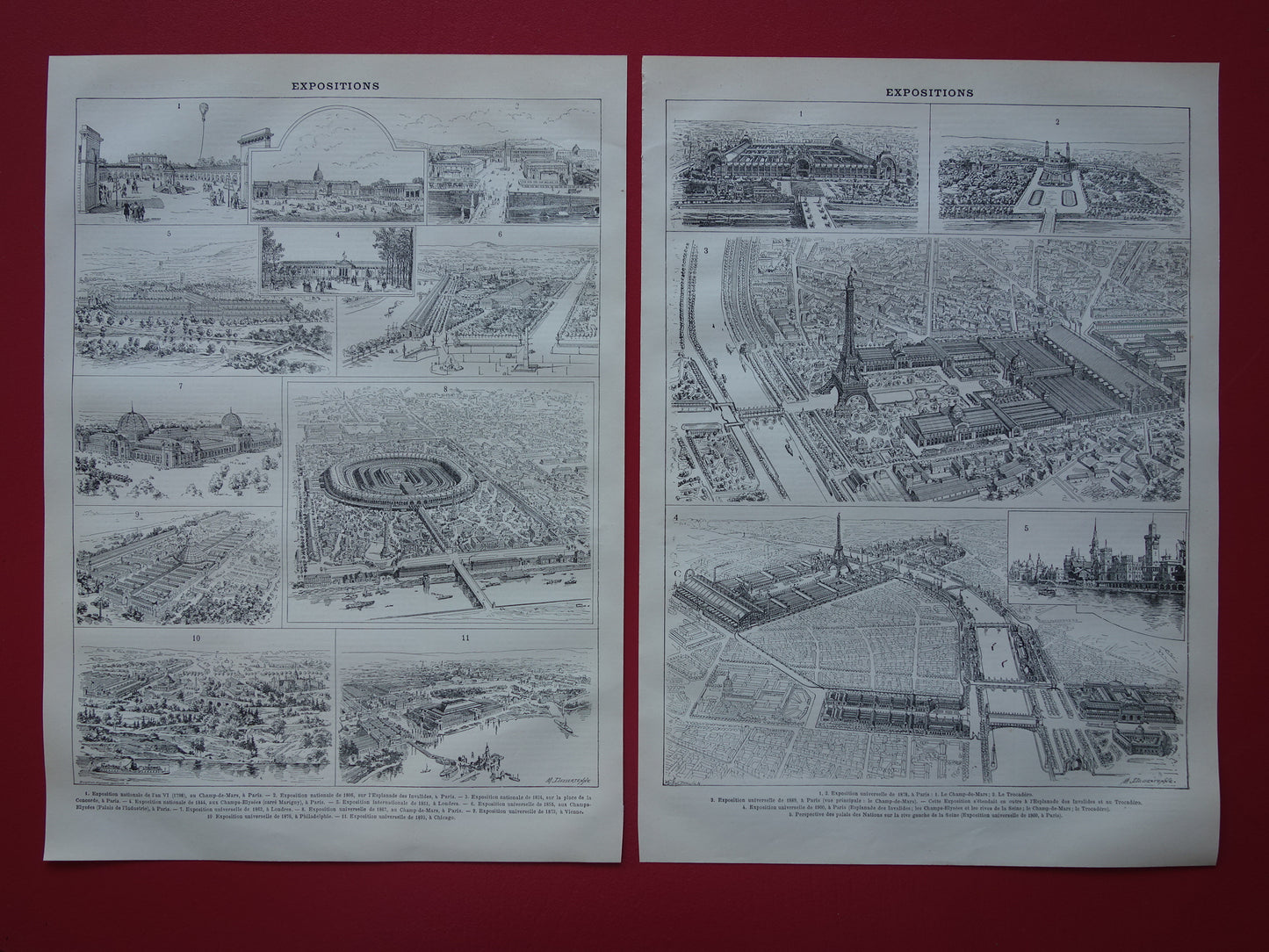 WERELDTENTOONSTELLING Oude prenten over Wereldtentoonstellingen originele antieke illustratie Parijs Londen Chicago Philadelphia vintage afbeelding set van twee prints