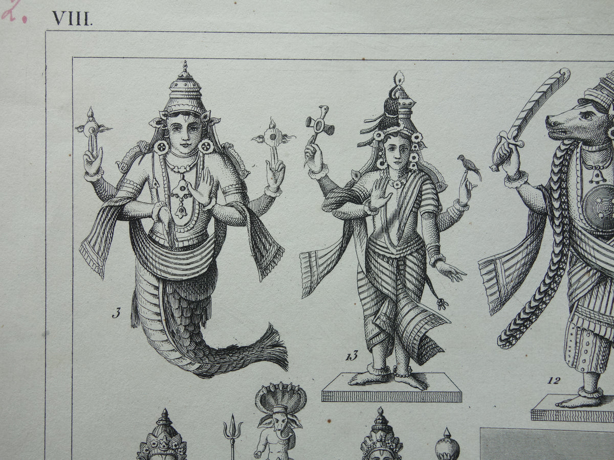 Hindoeïsme antieke print Originele 175+ jaar oude prent illustratie Vishnu Hindoe Goden Goden Monniken Rituelen vintage religie prints