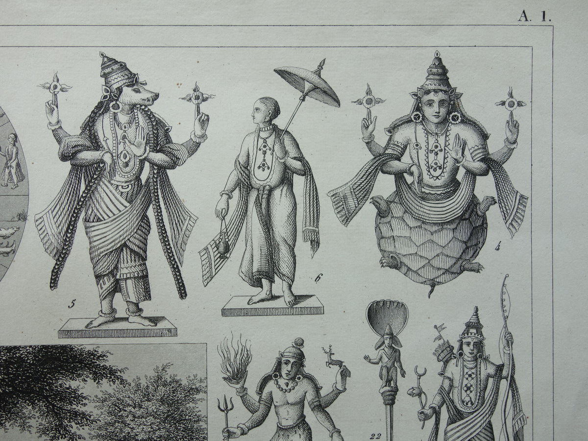Hinduism antique print Original 175+ year old print illustration Vishnu Hindu Gods Deities Monks Rituals vintage religion prints