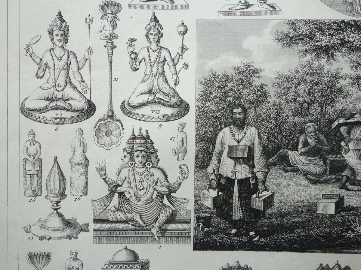 Hinduism antique print Original 175+ year old print illustration Vishnu Hindu Gods Deities Monks Rituals vintage religion prints