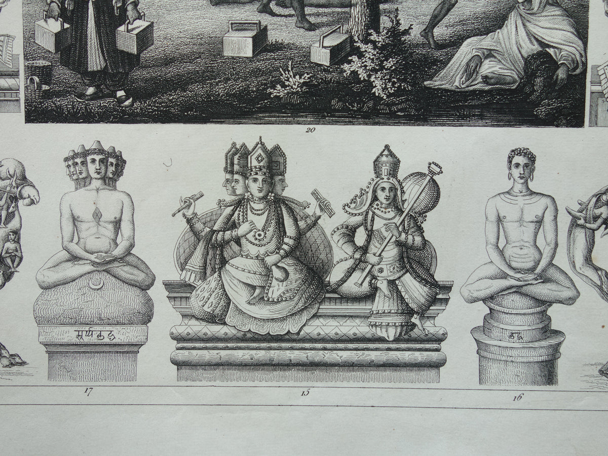 Hinduism antique print Original 175+ year old print illustration Vishnu Hindu Gods Deities Monks Rituals vintage religion prints