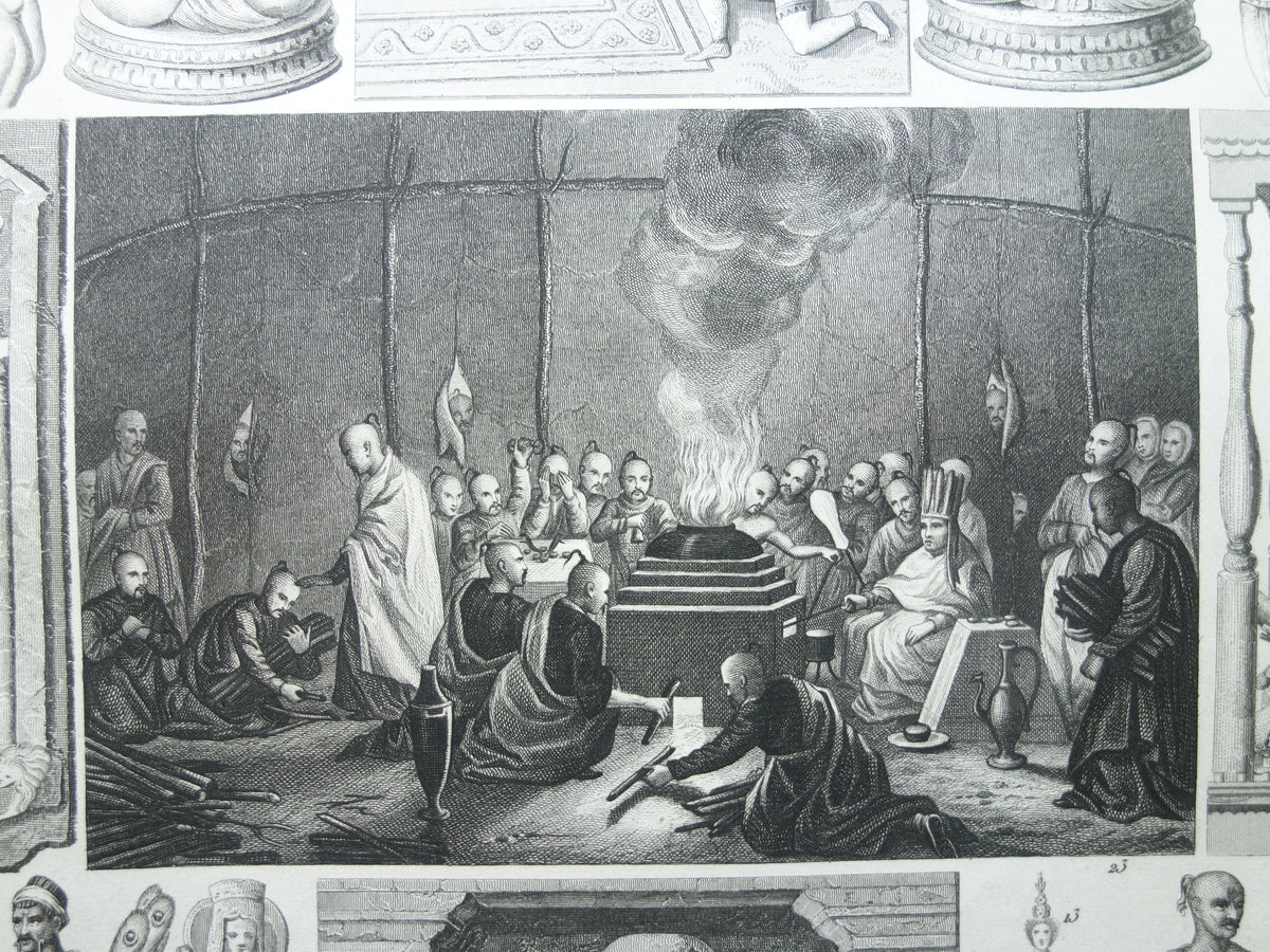 Antique print Oriental religions 1849 original vintage illustration gods Buddhism old print Hinduism