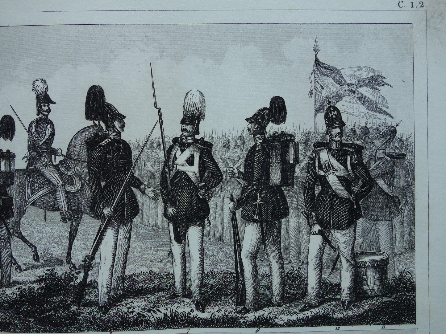 antieke gravure Duitse en Franse Infanterie mid 19e eeuw - oude militaire illustratie - vintage afbeelding uniformen leger Frankrijk Duitsland print