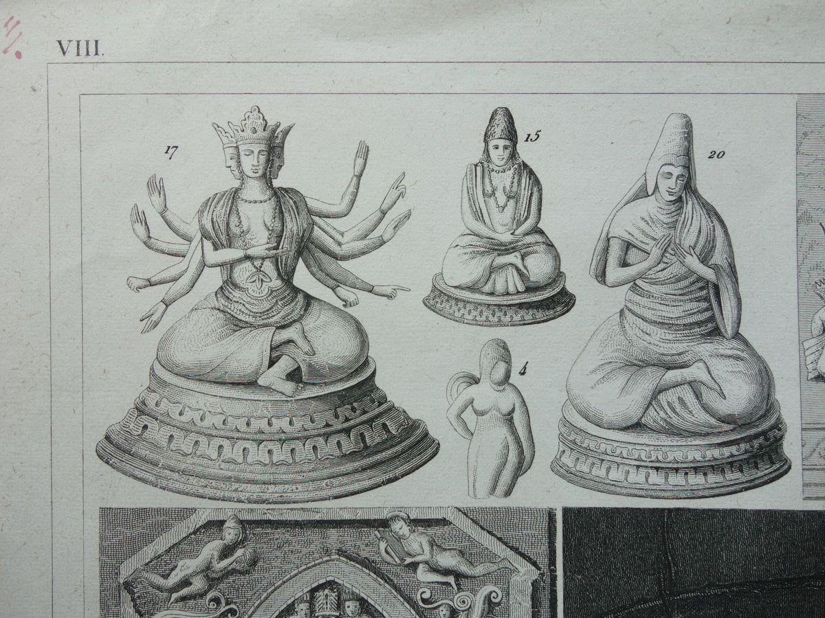 Antieke prent Oosterse religies 1849 originele vintage illustratie goden Boeddhisme oude print Hindoeïsme