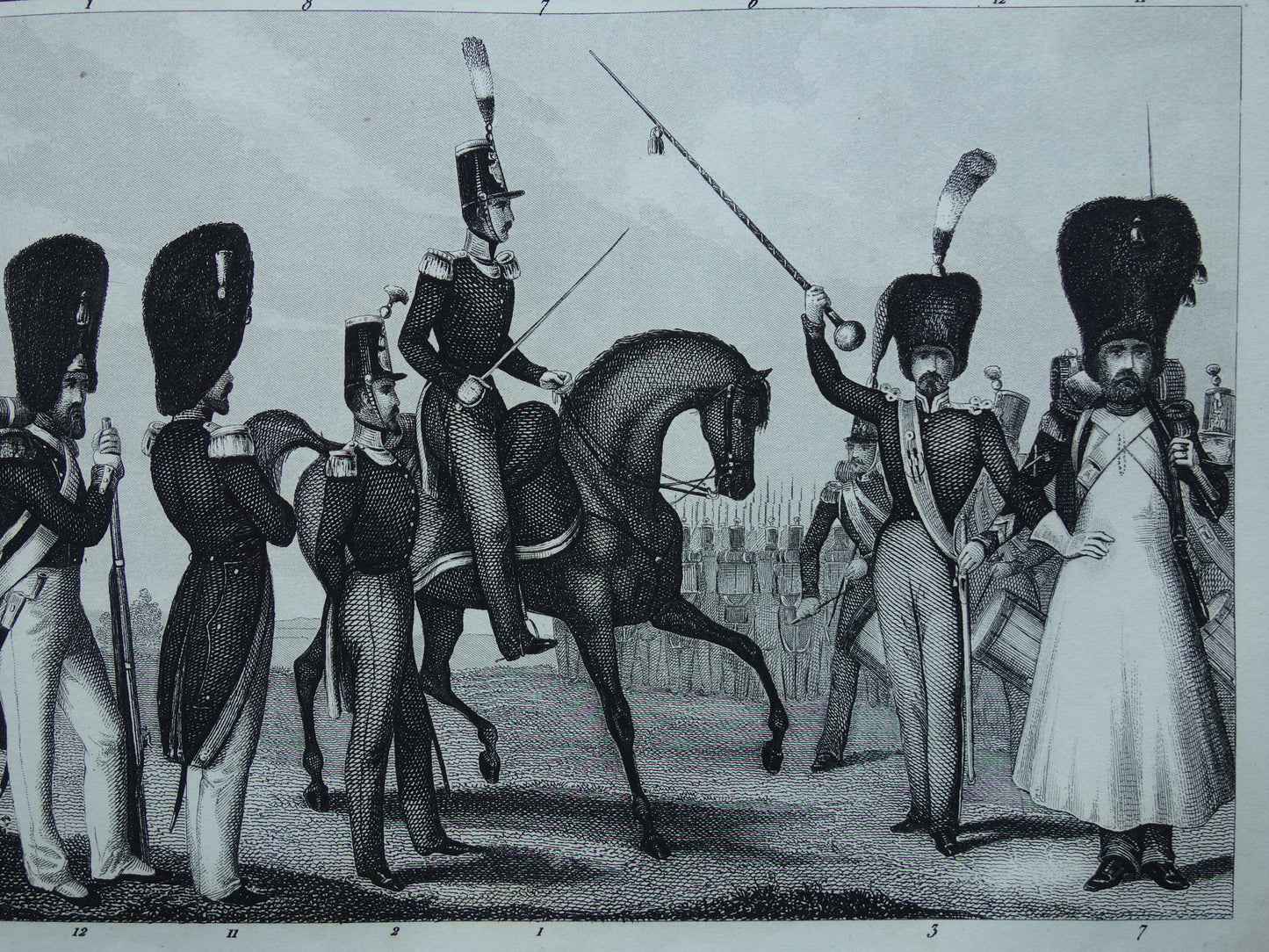 antieke gravure Duitse en Franse Infanterie mid 19e eeuw - oude militaire illustratie - vintage afbeelding uniformen leger Frankrijk Duitsland print