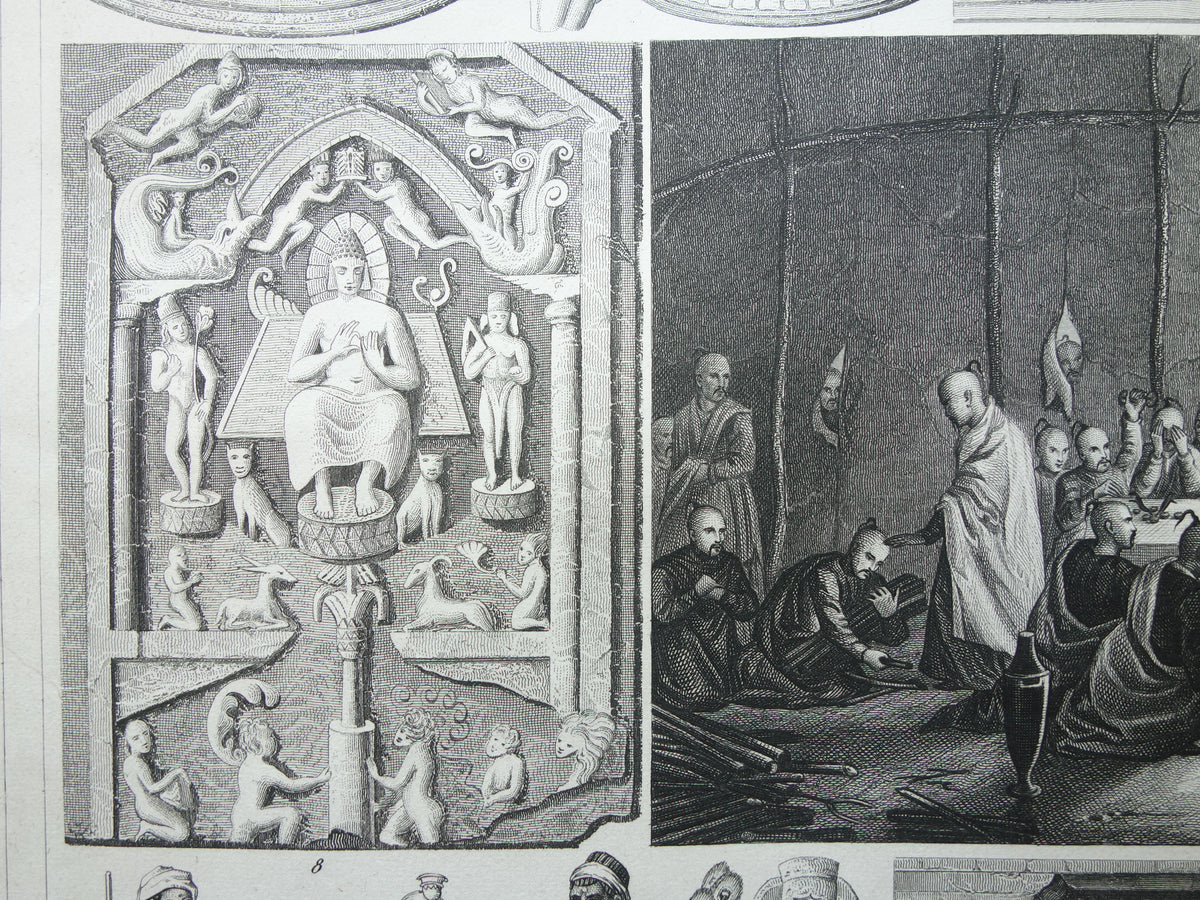 Antique print Oriental religions 1849 original vintage illustration gods Buddhism old print Hinduism