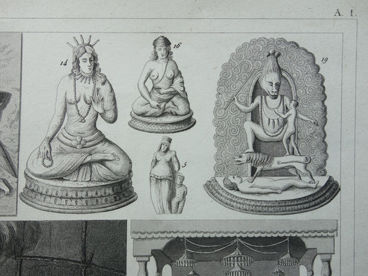 Antieke prent Oosterse religies 1849 originele vintage illustratie goden Boeddhisme oude print Hindoeïsme