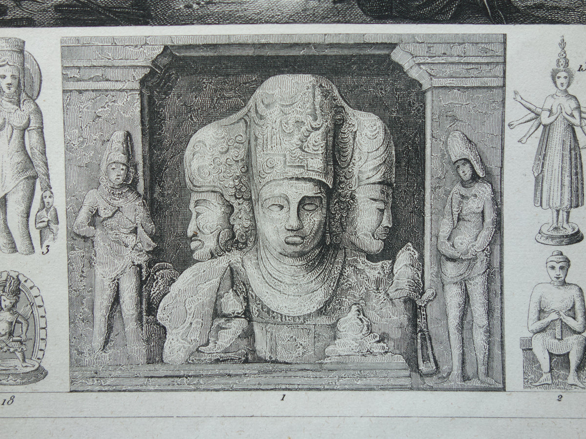 Antique print Oriental religions 1849 original vintage illustration gods Buddhism old print Hinduism