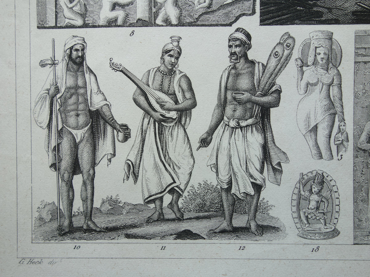 Antique print Oriental religions 1849 original vintage illustration gods Buddhism old print Hinduism