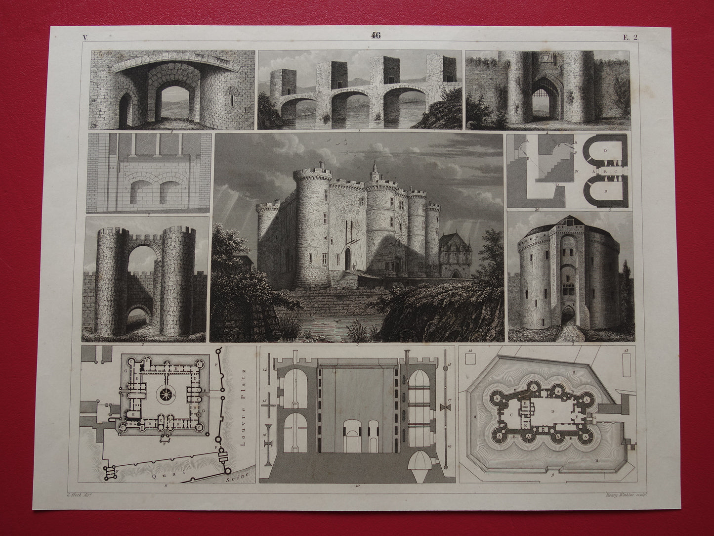 VESTINGEN uit de Middeleeuwen oude prent over historische fortificaties - originele antieke militaire illustratie Louvre Bastille Parijs - leger print