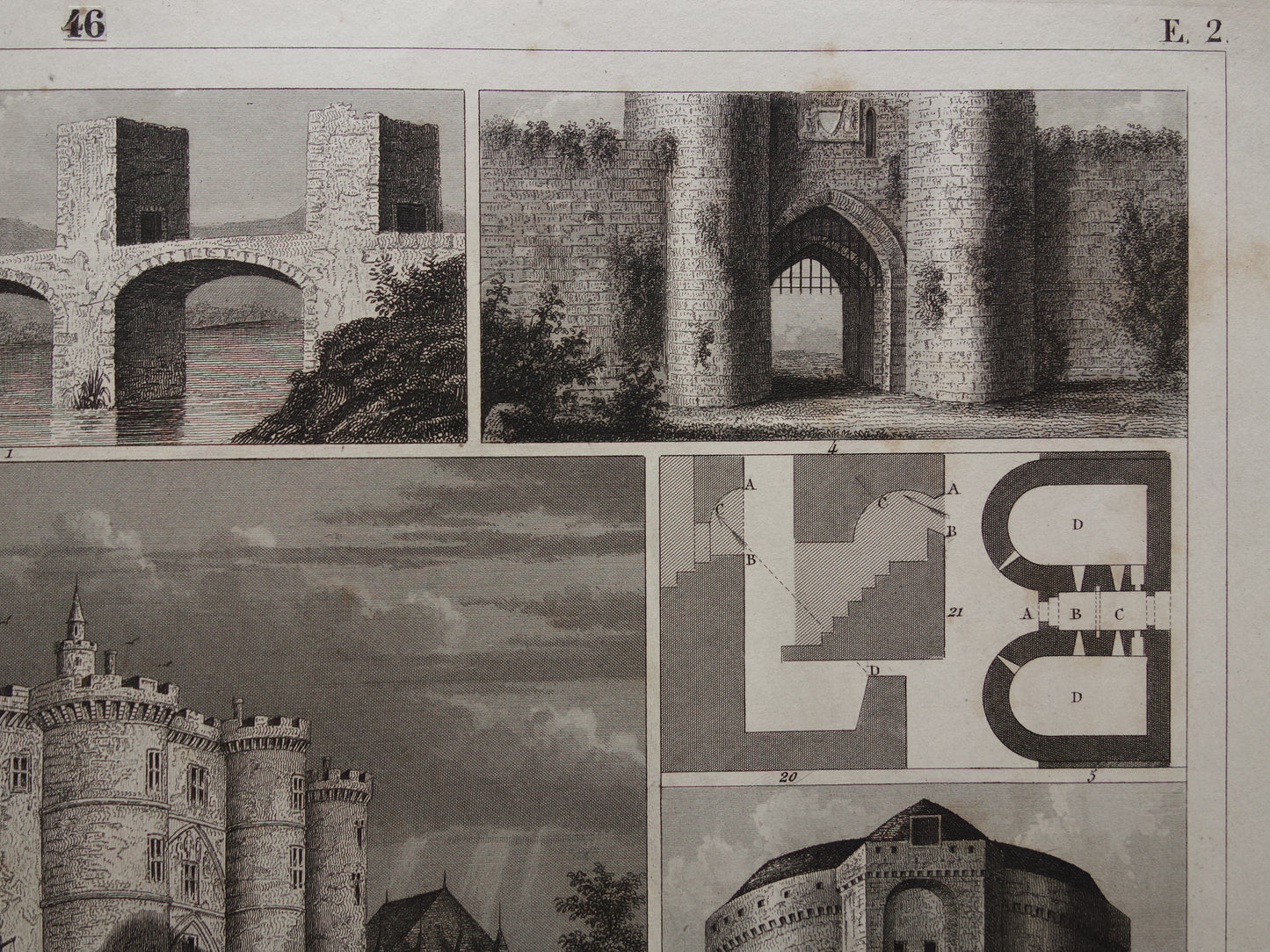 VESTINGEN uit de Middeleeuwen oude prent over historische fortificaties - originele antieke militaire illustratie Louvre Bastille Parijs - leger print