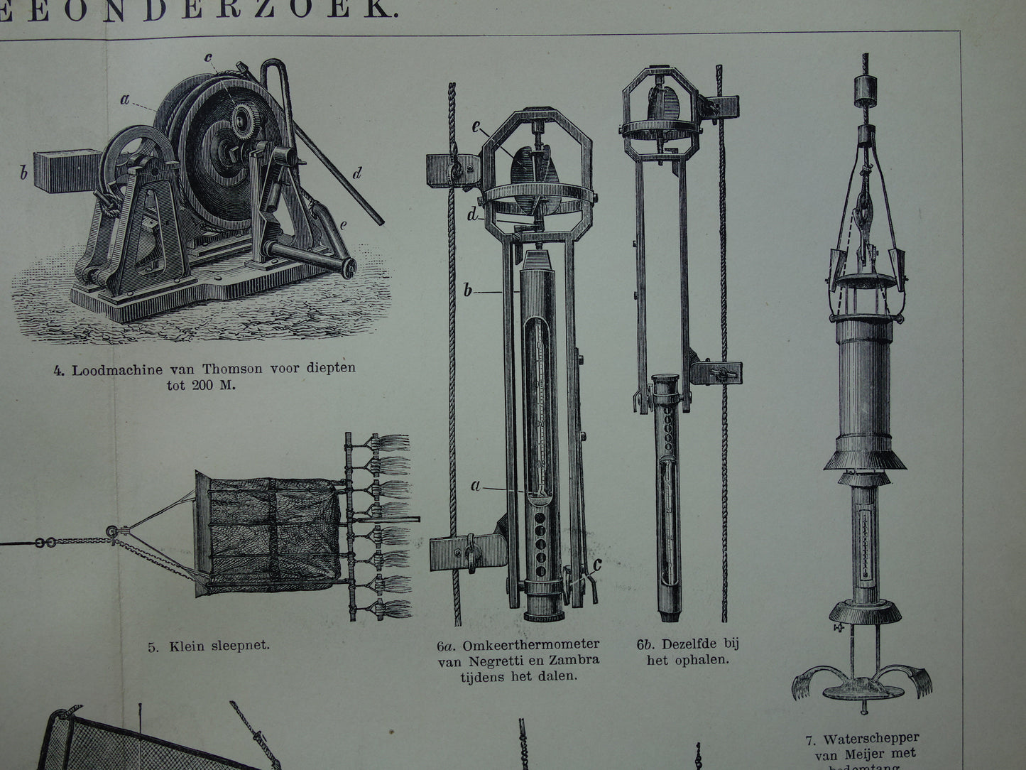 DIEPZEEONDERZOEK oude technologie prent uit 1907 over wetenschap onderzoek zee oceaan Originele antieke Nederlandse illustratie print instrumenten peillood