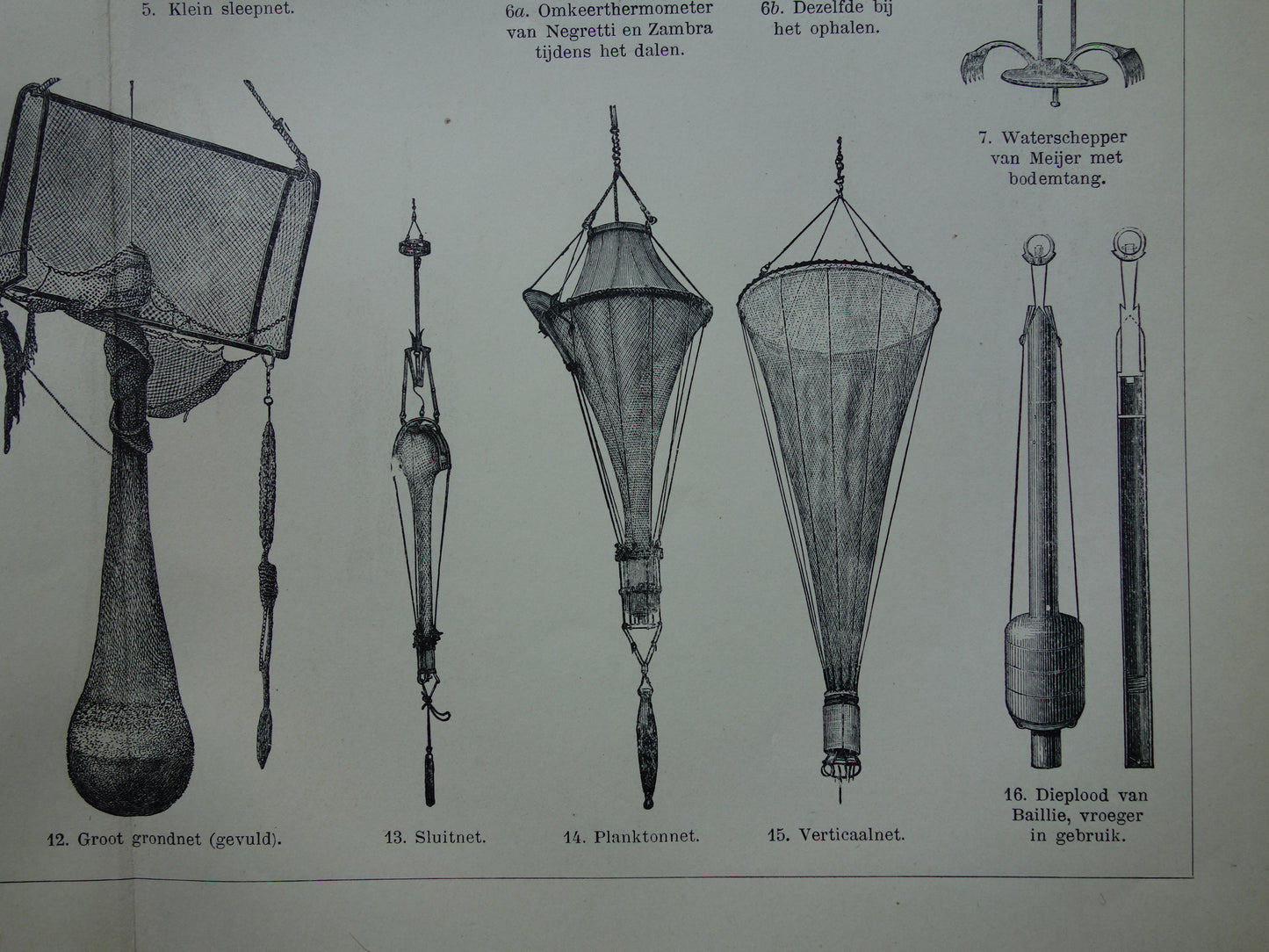 DIEPZEEONDERZOEK oude technologie prent uit 1907 over wetenschap onderzoek zee oceaan Originele antieke Nederlandse illustratie print instrumenten peillood