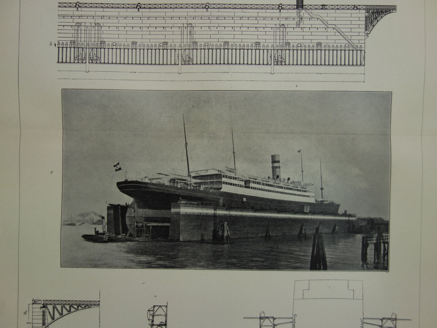 DROOGDOK oude technologie prent uit 1907 over drijvend droogdok Originele antieke Nederlandse illustratie print scheepsbouw scheepswerf