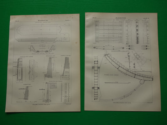 Oude prent over constructie havens pieren kades in Engeland vintage afbeelding prints haven dok caisson kade pier