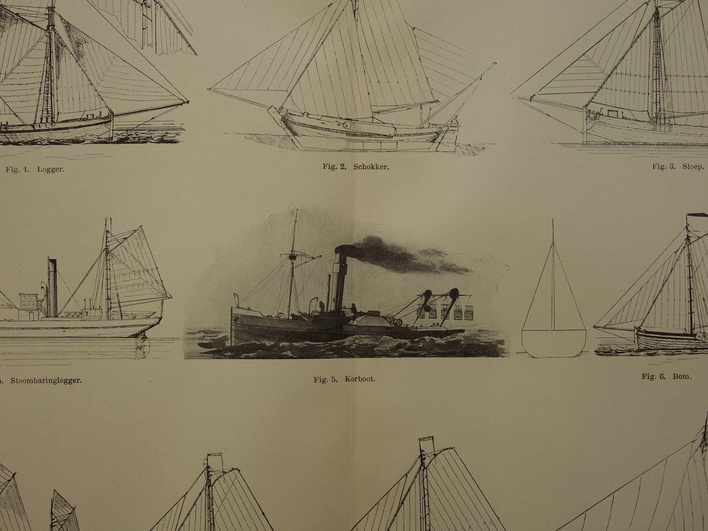 VISSERSSCHEPEN Oude prent van schepen voor visserij originele vintage illustratie schip Logger Botter Kotter Schokker