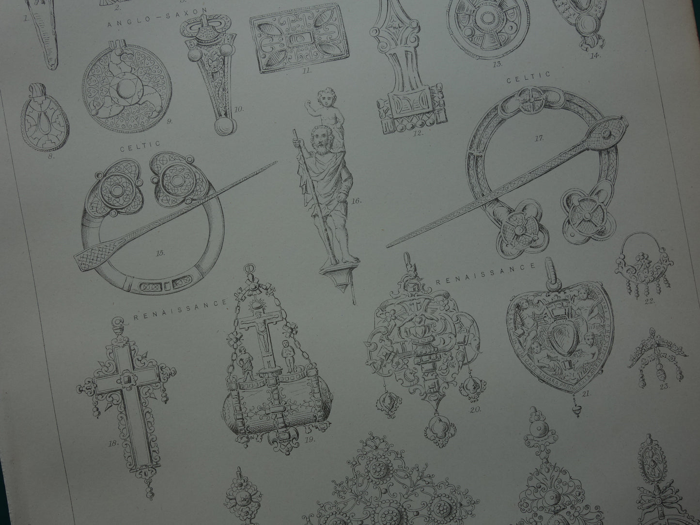 Oude prent over Juwelen Sieraden 1880 set van twee originele antieke prenten over geschiedenis van sieraden